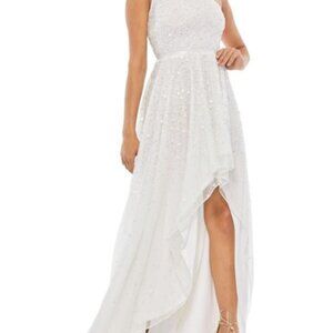 Mac Duggal Embellished One Shoulder Hi Lo Gown Dress White 10825